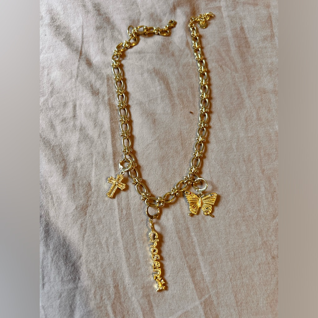 Treasure Jewels Gold Chain Necklace With Cross, “Chosen”, And Butterfly Charms